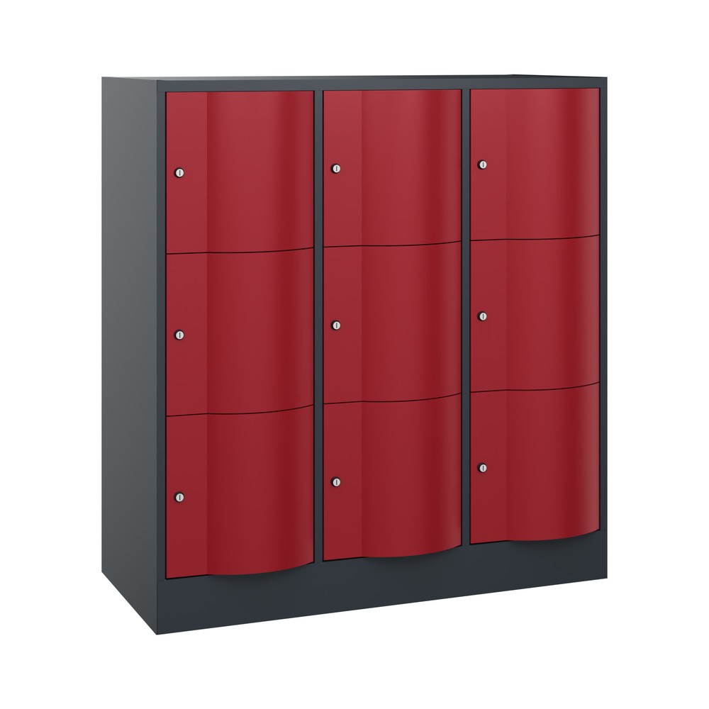 Produktabbildung: C+P Schließfachschrank mit "rabaukensicheren" Türen, 3 x 3 Fächer, HxBxT 1.225 x 1.150 x 540 mm, anthrazitgrau, rubinrot