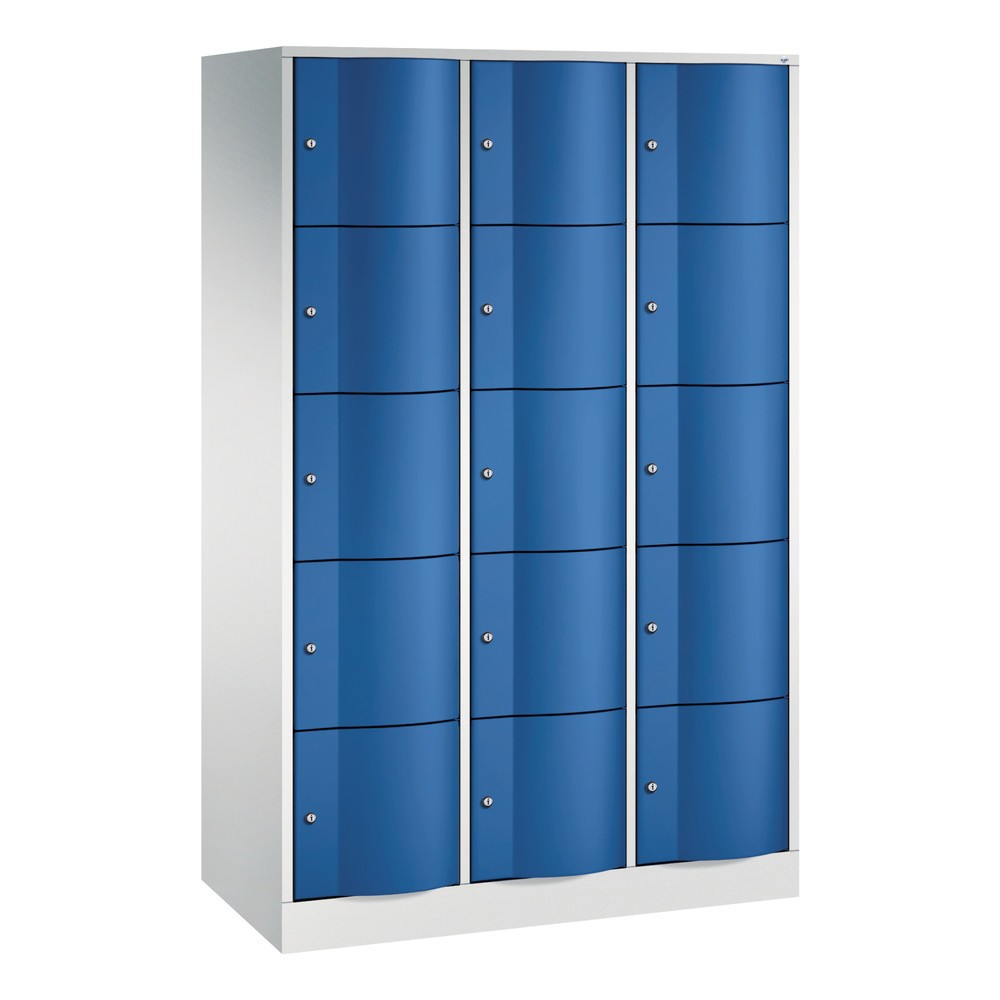 Produktabbildung: C+P Schließfachschrank mit 'rabaukensicheren' Türen, 3 x 5 Fächer, HxBxT 1.950 x 1.150 x 540 mm, lichtgrau, enzianblau