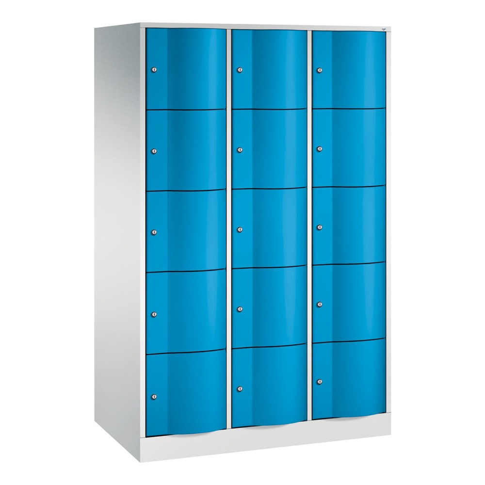Produktabbildung: C+P Schließfachschrank mit 'rabaukensicheren' Türen, 3 x 5 Fächer, HxBxT 1.950 x 1.150 x 640 mm, lichtgrau, lichtblau