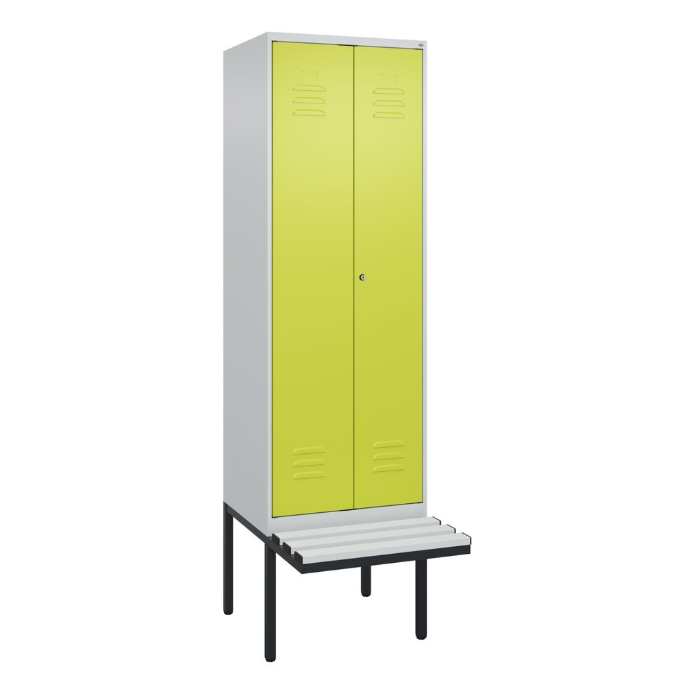 Produktabbildung: C+P Schwarz-Weiß-Spind Classic PLUS, 2 Abteile, HxBxT 2.120 x 600 x 815 mm, Zylinderschloss, auskragende Bank aus Kunststoff, lichtgrau, clowngrün