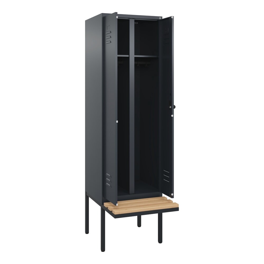 Produktabbildung: C+P Schwarz-Weiß-Spind Classic PLUS, 2 Abteile, HxBxT 2.120 x 600 x 815 mm, für Vorhängeschloss, auskragende Bank aus Buche, anthrazitgrau, anthrazitgrau