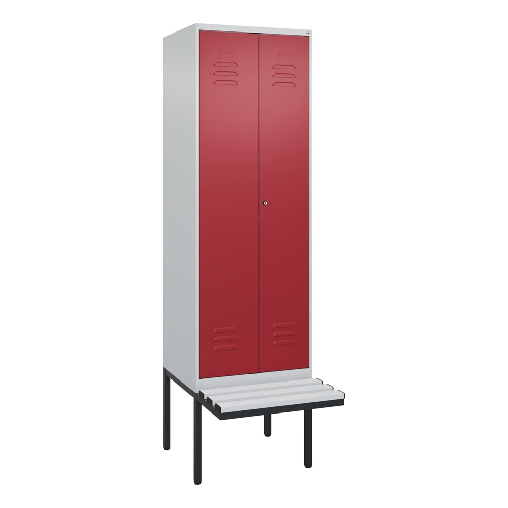 Produktabbildung Nr. 9: C+P Schwarz-Weiß-Spind Classic PLUS, 2 Abteile, HxBxT 2.120 x 600 x 815 mm, Zylinderschloss, auskragende Bank aus Kunststoff, lichtgrau, rubinrot