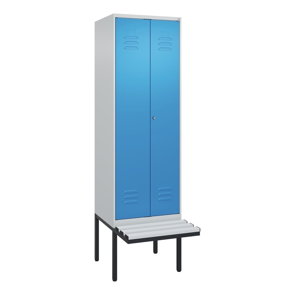 Produktabbildung Nr. 9: C+P Schwarz-Weiß-Spind Classic PLUS, 2 Abteile, HxBxT 2.120 x 600 x 815 mm, Zylinderschloss, auskragende Bank aus Kunststoff, lichtgrau, lichtblau