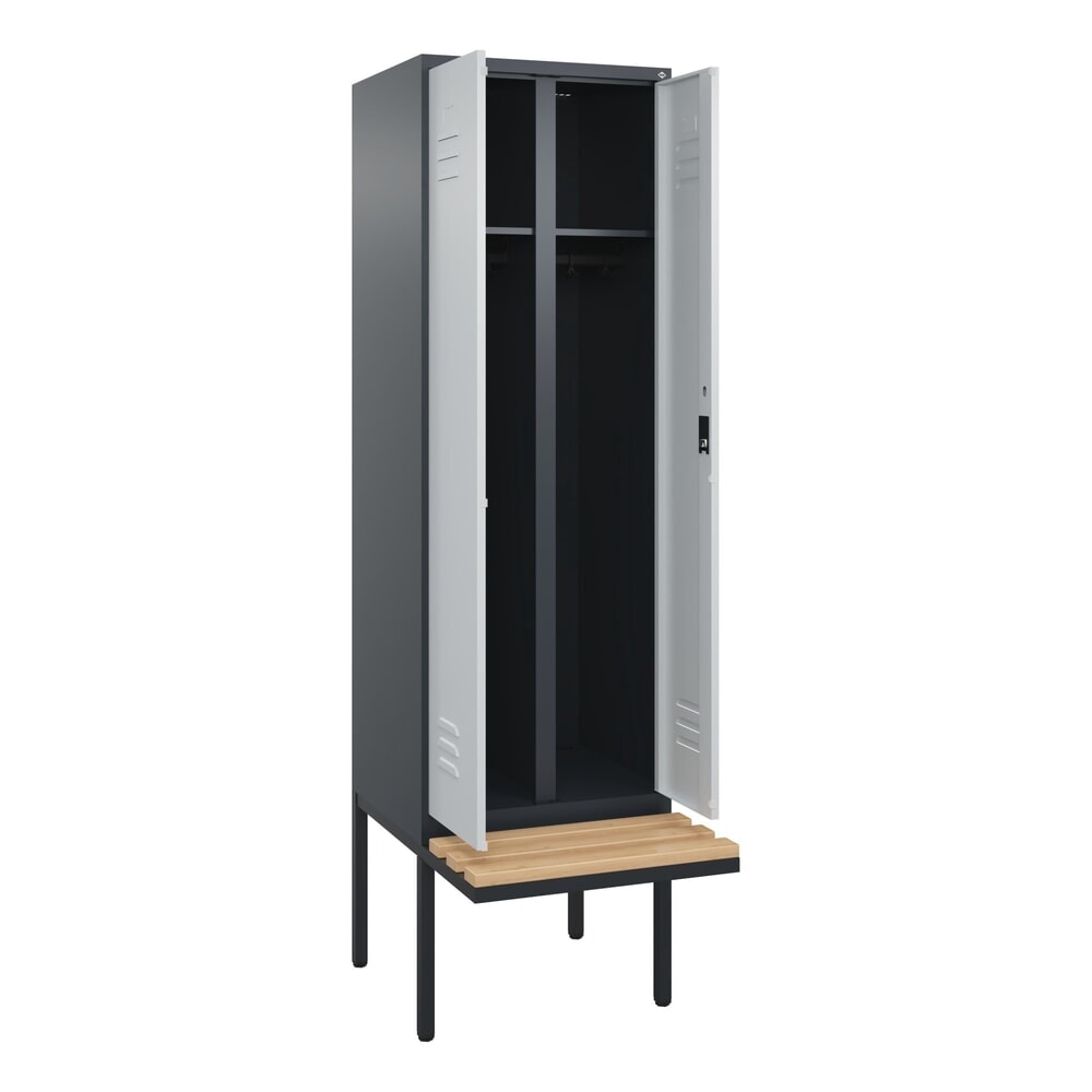 Produktabbildung: C+P Schwarz-Weiß-Spind Classic PLUS, 2 Abteile, HxBxT 2.120 x 600 x 815 mm, Zylinderschloss, auskragende Bank aus Buche, anthrazitgrau, lichtgrau