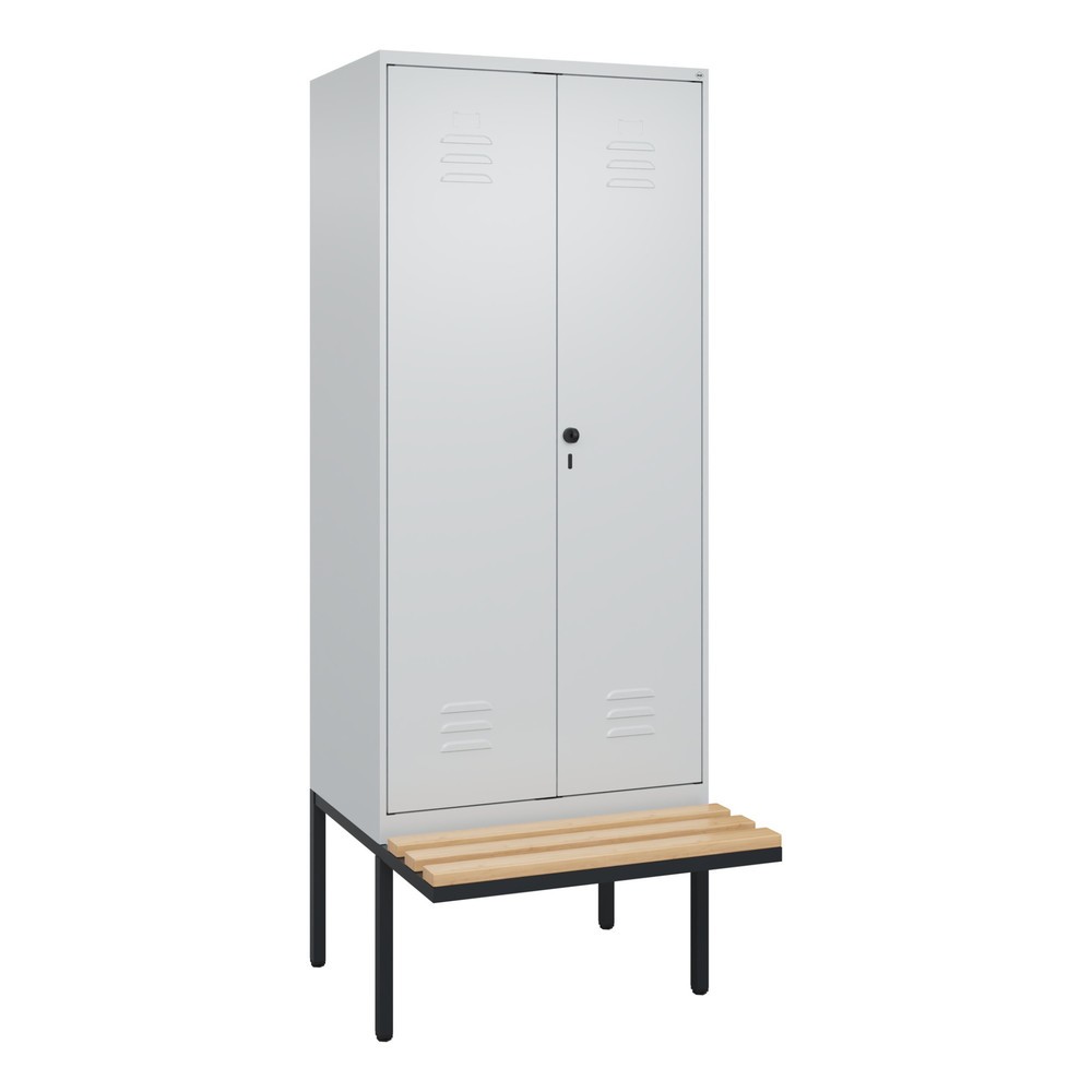Produktabbildung: C+P Schwarz-Weiß-Spind Classic PLUS, 2 Abteile, HxBxT 2.120 x 800 x 815 mm, für Vorhängeschloss, auskragende Bank aus Buche, lichtgrau, lichtgrau