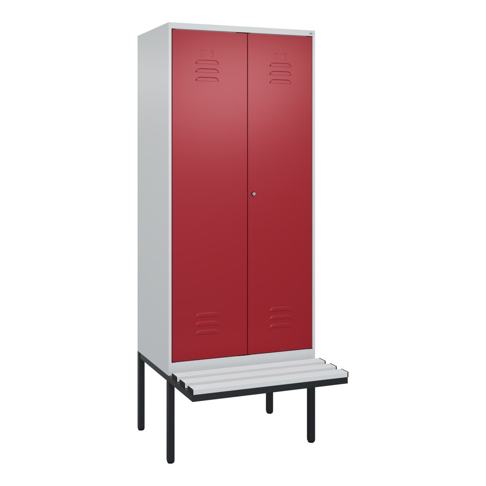 Produktabbildung: C+P Schwarz-Weiß-Spind Classic PLUS, 2 Abteile, HxBxT 2.120 x 800 x 815 mm, Zylinderschloss, auskragende Bank aus Kunststoff, lichtgrau, rubinrot