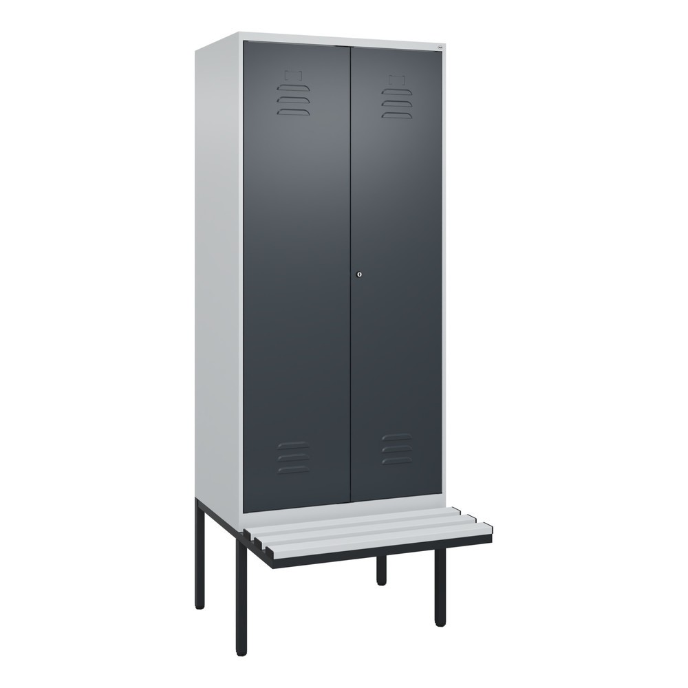 Produktabbildung: C+P Schwarz-Weiß-Spind Classic PLUS, 2 Abteile, HxBxT 2.120 x 800 x 815 mm, Zylinderschloss, auskragende Bank aus Kunststoff, lichtgrau, anthrazitgrau