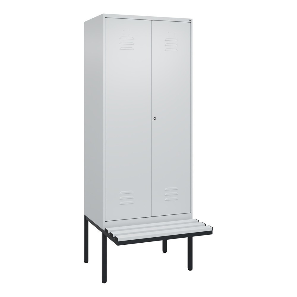 Produktabbildung: C+P Schwarz-Weiß-Spind Classic PLUS, 2 Abteile, HxBxT 2.120 x 800 x 815 mm, Zylinderschloss, auskragende Bank aus Kunststoff, lichtgrau, lichtgrau