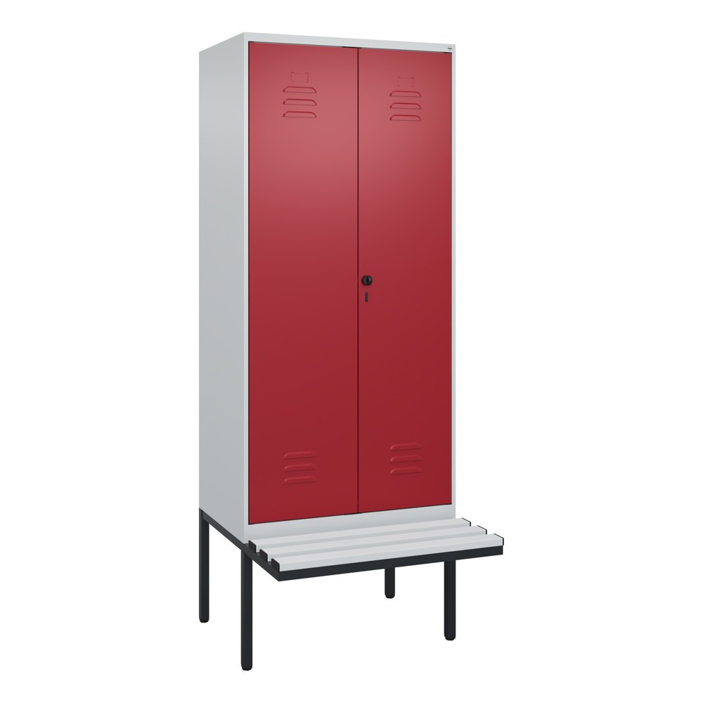 Produktabbildung: C+P Schwarz-Weiß-Spind Classic PLUS, 2 Abteile, HxBxT 2.120 x 800 x 815 mm, für Vorhängeschloss, auskragende Bank aus Kunststoff, lichtgrau, rubinrot