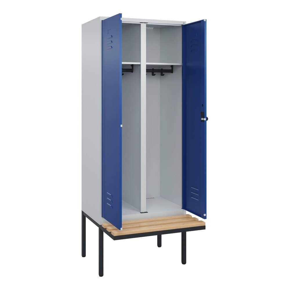 Produktabbildung Nr. 1: C+P Schwarz-Weiß-Spind Classic PLUS, 2 Abteile, HxBxT 2.120 x 800 x 815 mm, für Vorhängeschloss, auskragende Bank aus Buche, lichtgrau, enzianblau