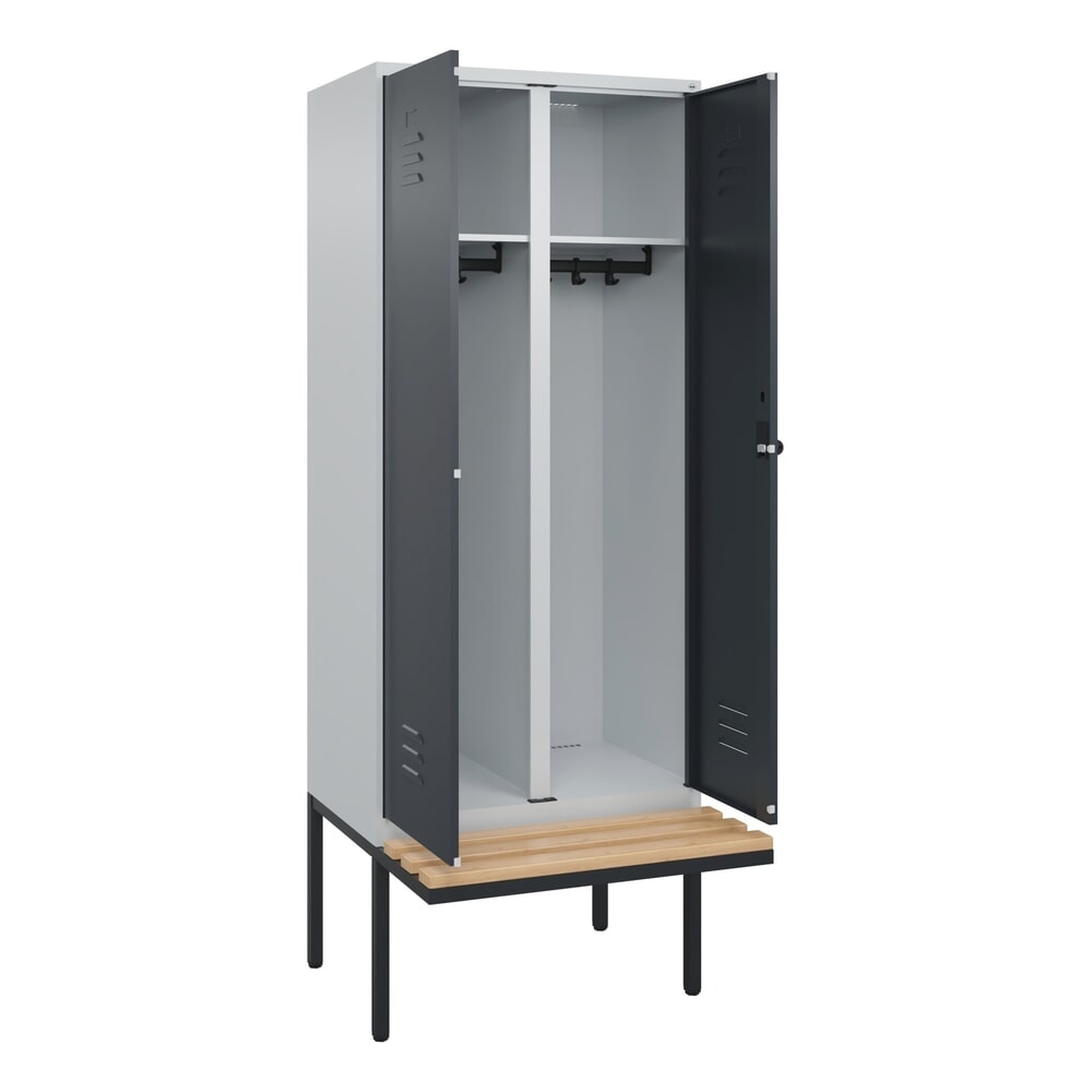 Produktabbildung: C+P Schwarz-Weiß-Spind Classic PLUS, 2 Abteile, HxBxT 2.120 x 800 x 815 mm, für Vorhängeschloss, auskragende Bank aus Buche, lichtgrau, anthrazitgrau