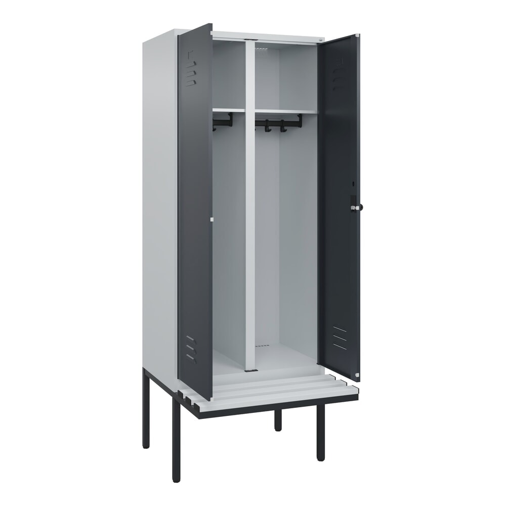 Produktabbildung Nr. 1: C+P Schwarz-Weiß-Spind Classic PLUS, 2 Abteile, HxBxT 2.120 x 800 x 815 mm, für Vorhängeschloss, auskragende Bank aus Kunststoff, lichtgrau, anthrazitgrau