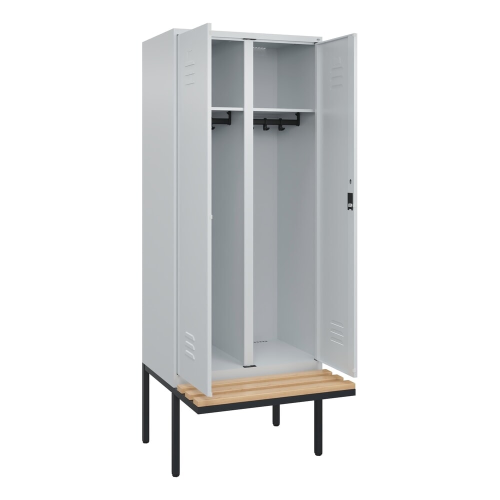 Produktabbildung: C+P Schwarz-Weiß-Spind Classic PLUS, 2 Abteile, HxBxT 2.120 x 800 x 815 mm, Zylinderschloss, auskragende Bank aus Buche, lichtgrau, lichtgrau