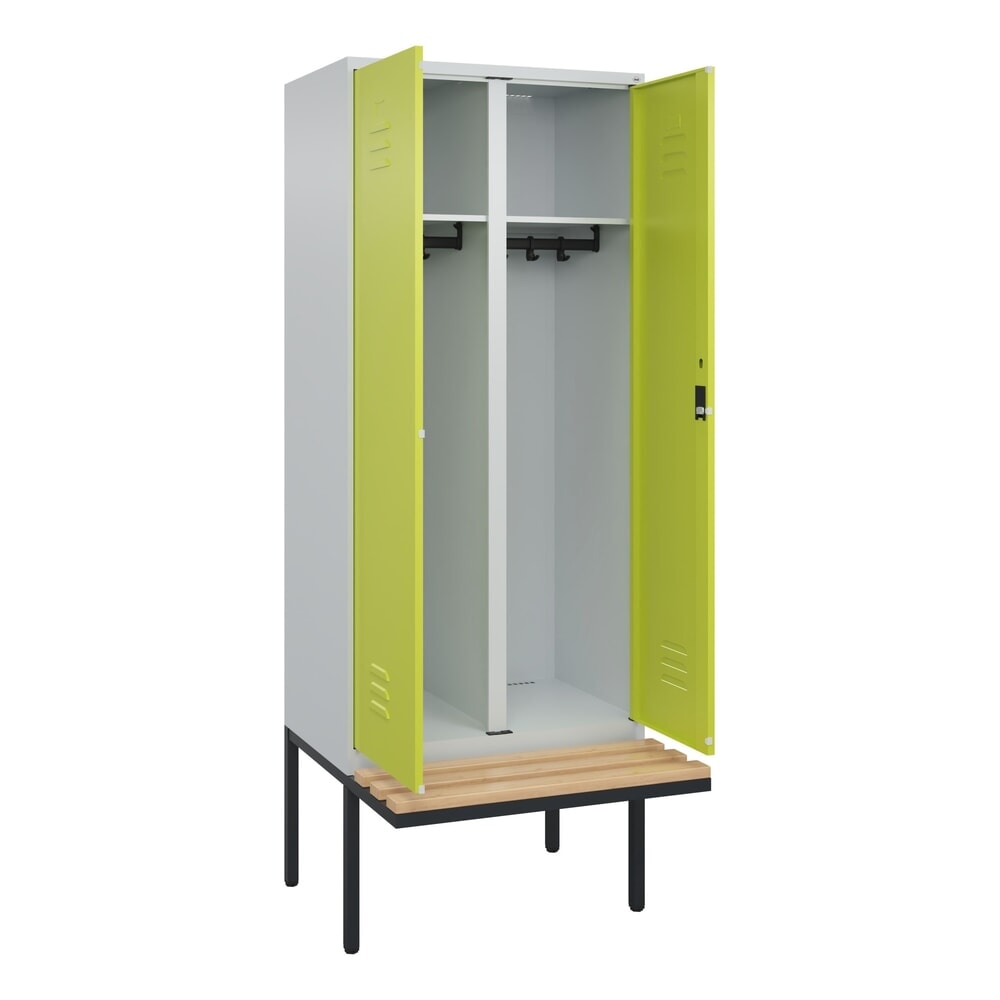 Produktabbildung: C+P Schwarz-Weiß-Spind Classic PLUS, 2 Abteile, HxBxT 2.120 x 800 x 815 mm, Zylinderschloss, auskragende Bank aus Buche, lichtgrau, clowngrün