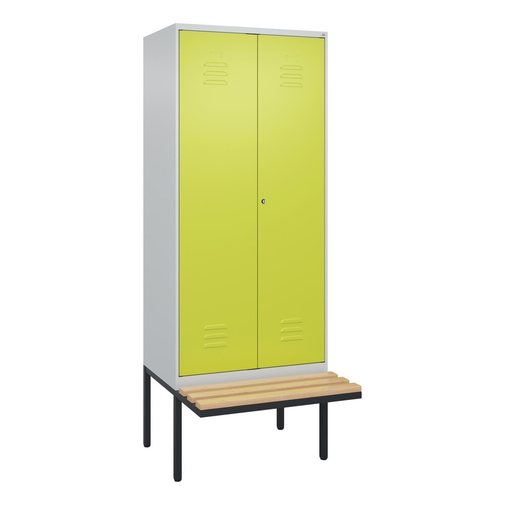 Produktabbildung Nr. 9: C+P Schwarz-Weiß-Spind Classic PLUS, 2 Abteile, HxBxT 2.120 x 800 x 815 mm, Zylinderschloss, auskragende Bank aus Buche, lichtgrau, clowngrün