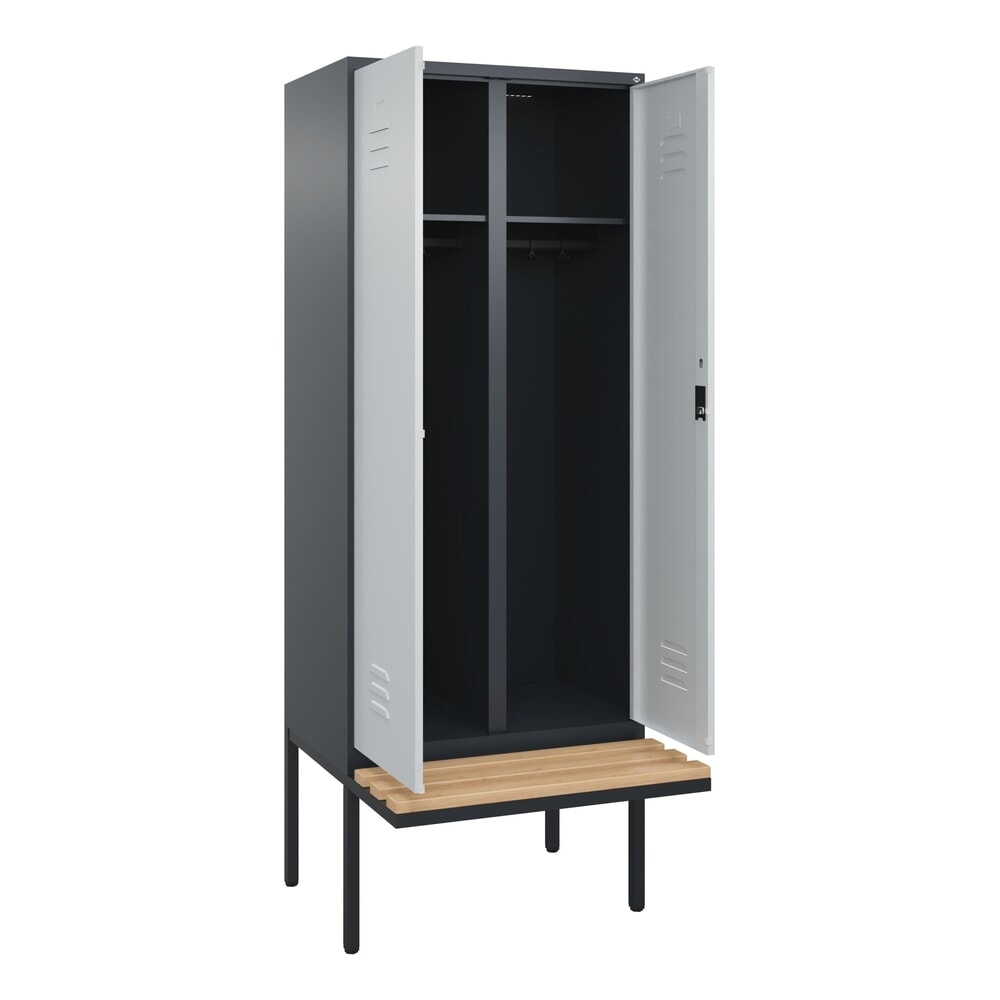 Produktabbildung: C+P Schwarz-Weiß-Spind Classic PLUS, 2 Abteile, HxBxT 2.120 x 800 x 815 mm, Zylinderschloss, auskragende Bank aus Buche, anthrazitgrau, lichtgrau