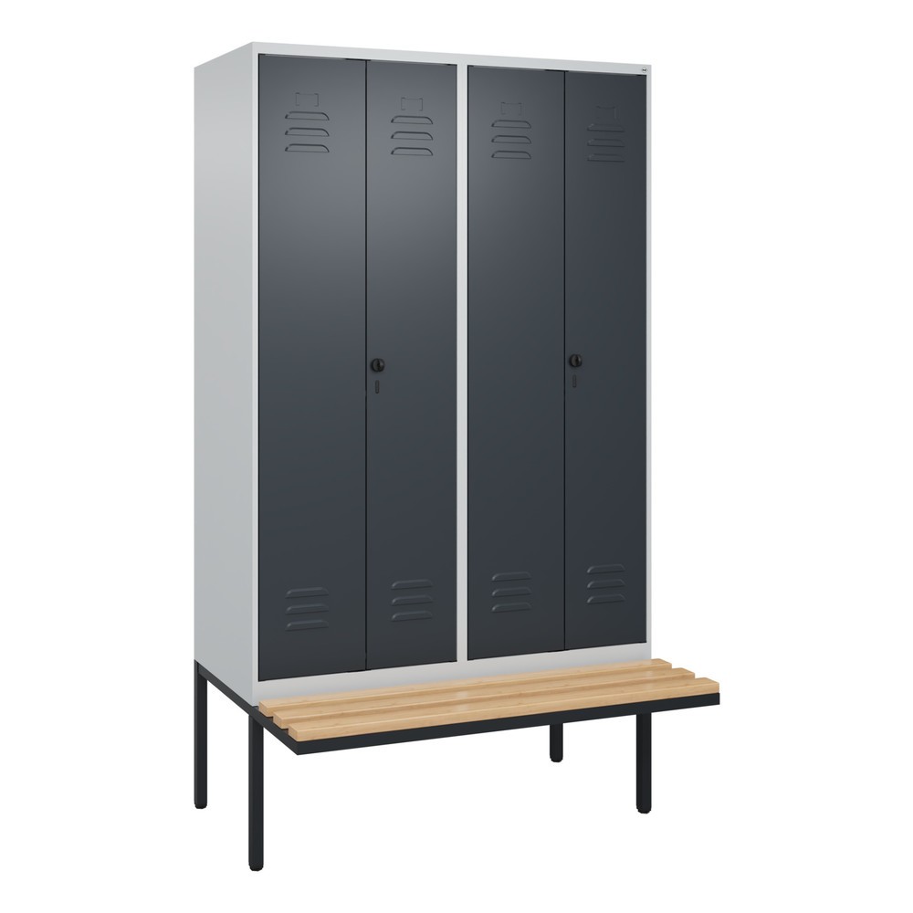 Produktabbildung: C+P Schwarz-Weiß-Spind Classic PLUS, 4 Abteile, HxBxT 2.120 x 1.200 x 815 mm, für Vorhängeschloss, auskragende Bank aus Buche, lichtgrau, anthrazitgrau