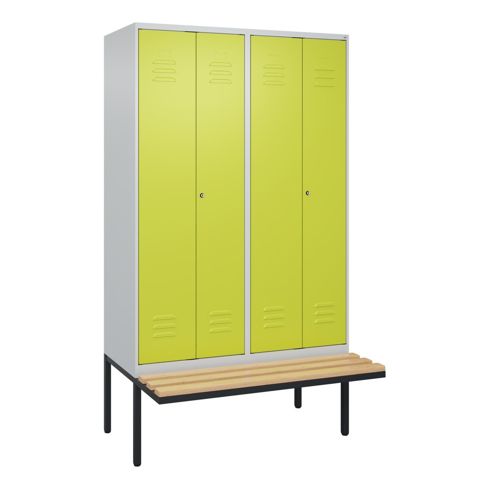 Produktabbildung: C+P Schwarz-Weiß-Spind Classic PLUS, 4 Abteile, HxBxT 2.120 x 1.200 x 815 mm, Zylinderschloss, auskragende Bank aus Buche, lichtgrau, clowngrün