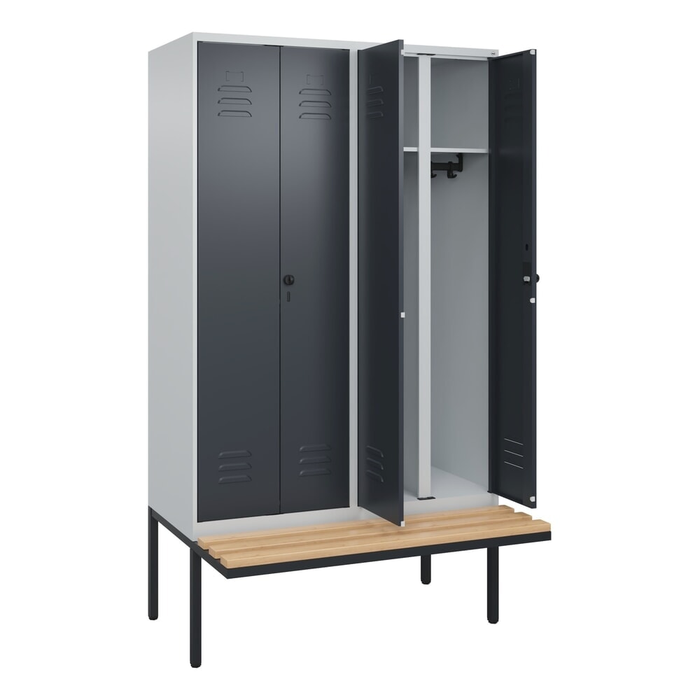 Produktabbildung: C+P Schwarz-Weiß-Spind Classic PLUS, 4 Abteile, HxBxT 2.120 x 1.200 x 815 mm, für Vorhängeschloss, auskragende Bank aus Buche, lichtgrau, anthrazitgrau