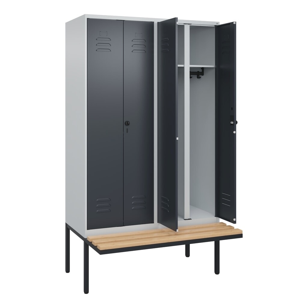 Produktabbildung: C+P Schwarz-Weiß-Spind Classic PLUS, 4 Abteile, HxBxT 2.120 x 1.200 x 815 mm, für Vorhängeschloss, auskragende Bank aus Buche, lichtgrau, anthrazitgrau
