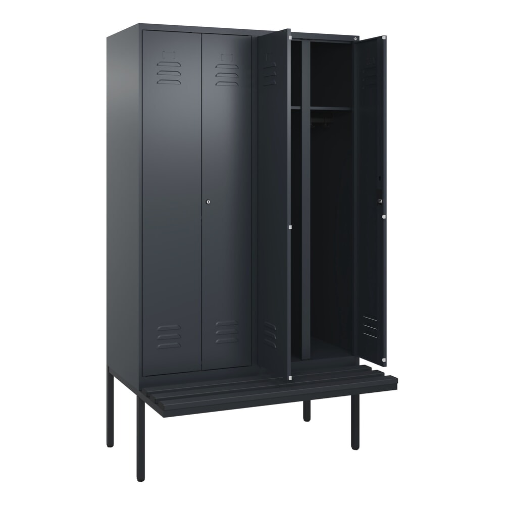 Produktabbildung: C+P Schwarz-Weiß-Spind Classic PLUS, 4 Abteile, HxBxT 2.120 x 1.200 x 815 mm, Zylinderschloss, auskragende Bank aus Kunststoff, anthrazitgrau, anthrazitgrau