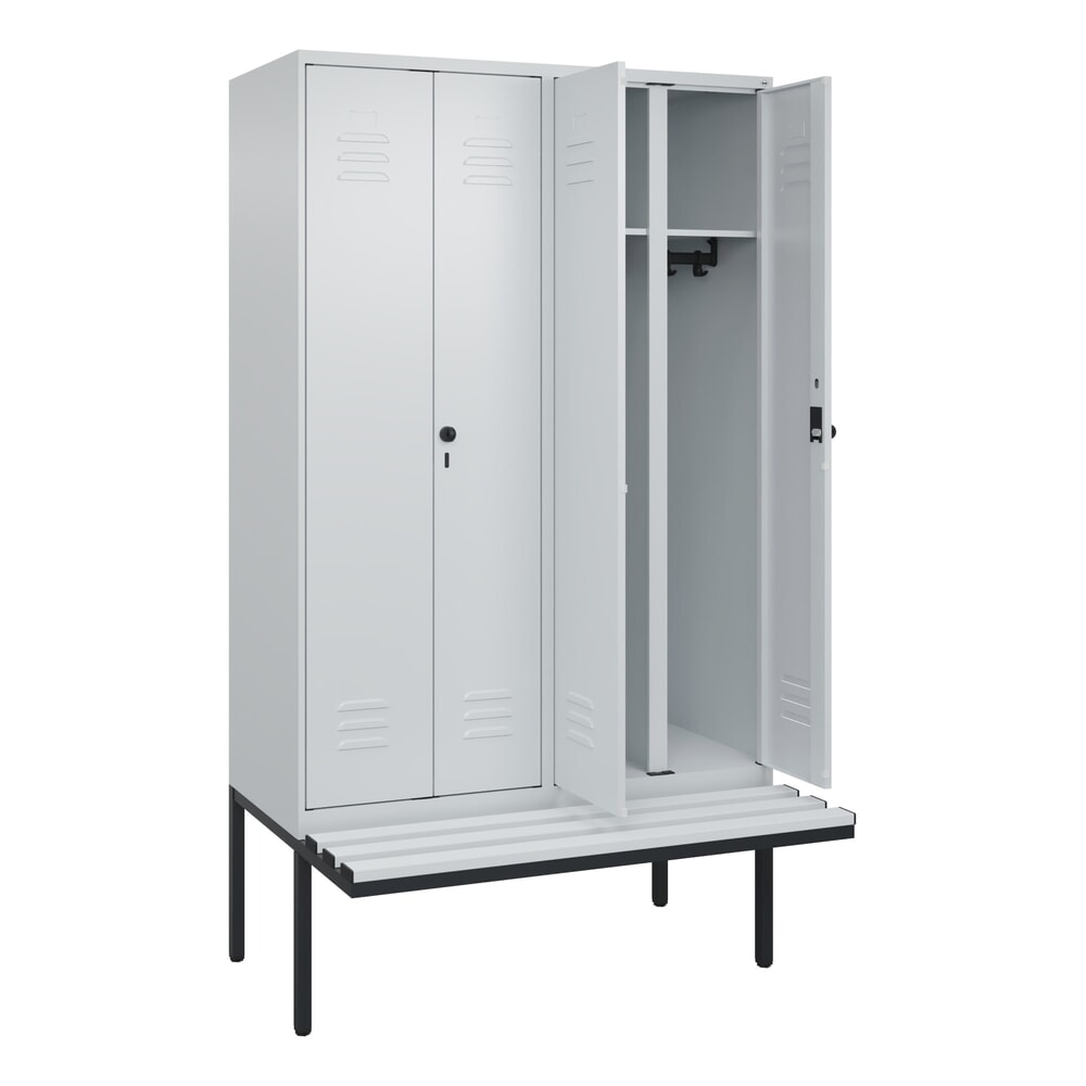 Produktabbildung Nr. 1: C+P Schwarz-Weiß-Spind Classic PLUS, 4 Abteile, HxBxT 2.120 x 1.200 x 815 mm, für Vorhängeschloss, auskragende Bank aus Kunststoff, lichtgrau, lichtgrau