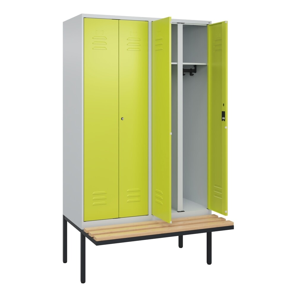 Produktabbildung: C+P Schwarz-Weiß-Spind Classic PLUS, 4 Abteile, HxBxT 2.120 x 1.200 x 815 mm, Zylinderschloss, auskragende Bank aus Buche, lichtgrau, clowngrün