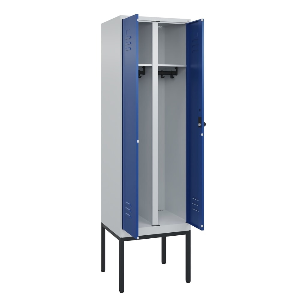 Produktabbildung: C+P Schwarz-Weiß-Spind Classic PLUS, Gestell, 2 Abteile, HxBxT 2.120 x 600 x 500 mm, lichtgrau, enzianblau, für Vorhängeschloss