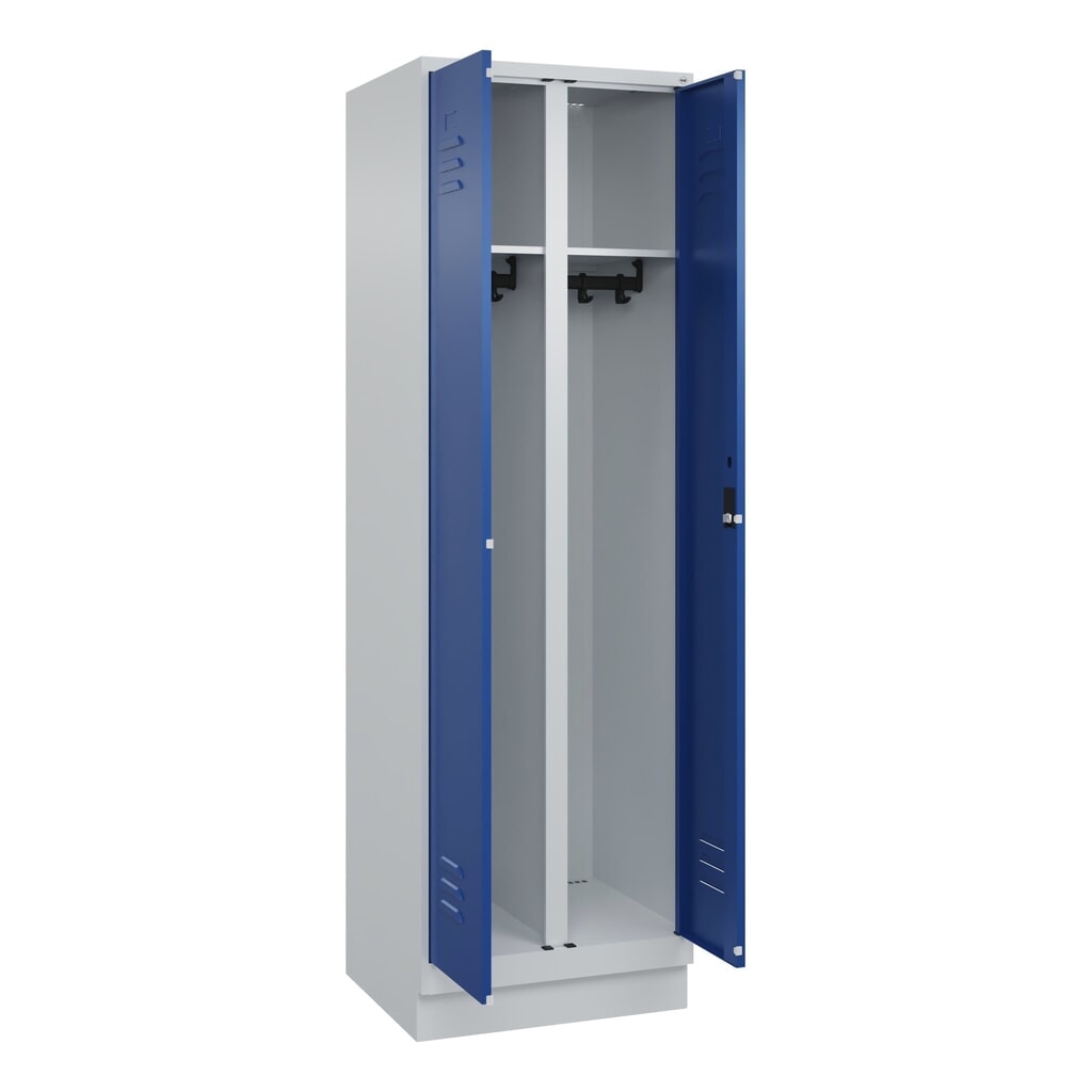 Produktabbildung: C+P Schwarz-Weiß-Spind Classic PLUS, Sockel, 2 Abteile, HxBxT 1.950 x 600 x 500 mm, lichtgrau, enzianblau, Zylinderschloss
