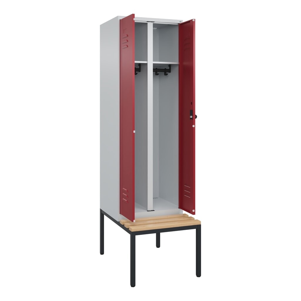 Produktabbildung: C+P Schwarz-Weiß-Spind Classic PLUS, 2 Abteile, HxBxT 2.120 x 600 x 815 mm, für Vorhängeschloss, untergebaute Bank aus Buche, lichtgrau, rubinrot