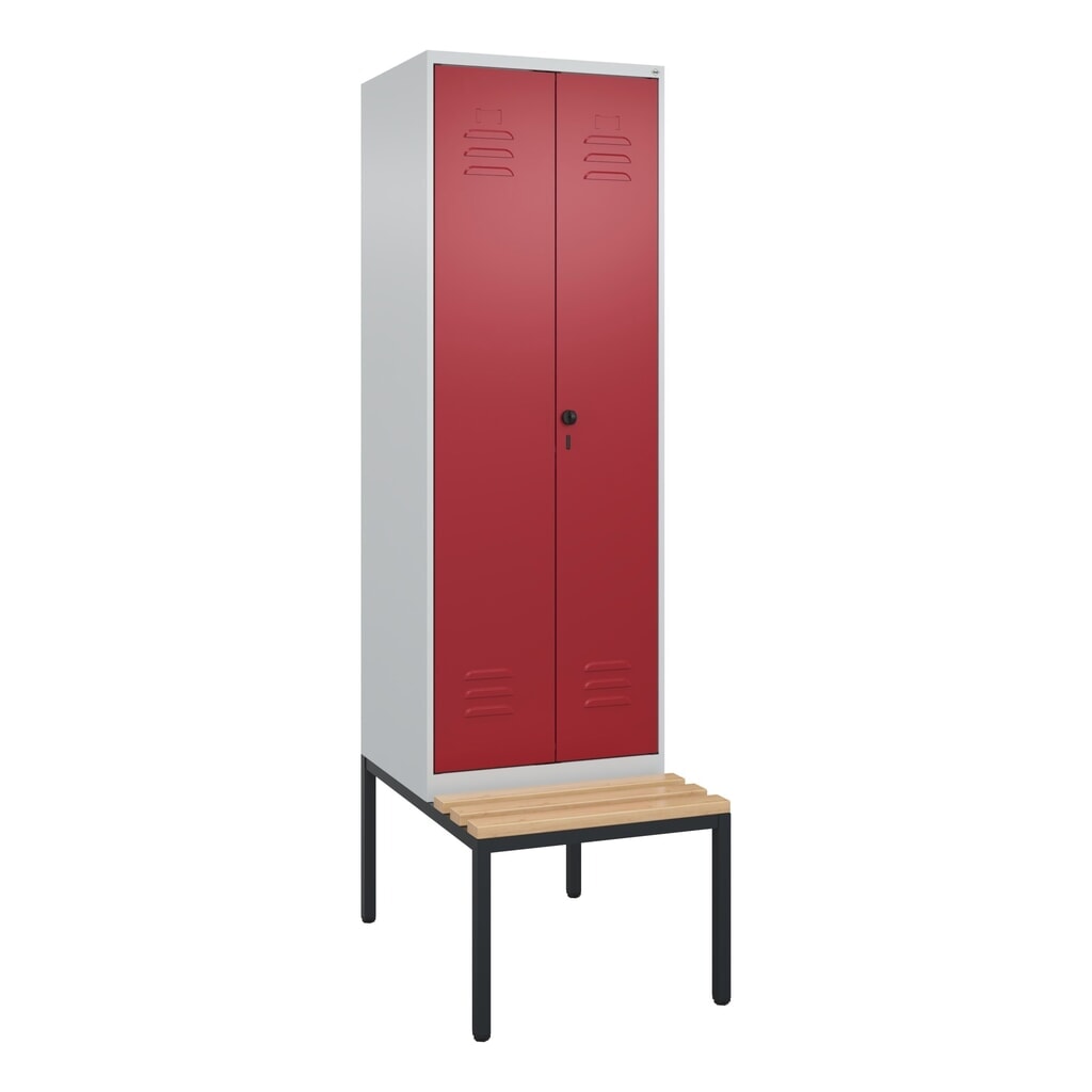 Produktabbildung Nr. 8: C+P Schwarz-Weiß-Spind Classic PLUS, 2 Abteile, HxBxT 2.120 x 600 x 815 mm, für Vorhängeschloss, untergebaute Bank aus Buche, lichtgrau, rubinrot