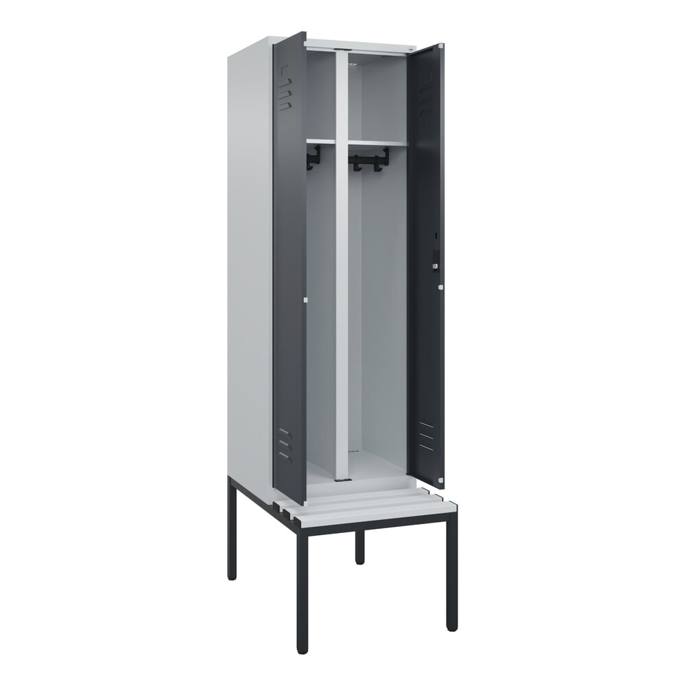 Produktabbildung: C+P Schwarz-Weiß-Spind Classic PLUS, 2 Abteile, HxBxT 2.120 x 600 x 815 mm, Zylinderschloss, untergebaute Bank aus Kunststoff, lichtgrau, anthrazitgrau