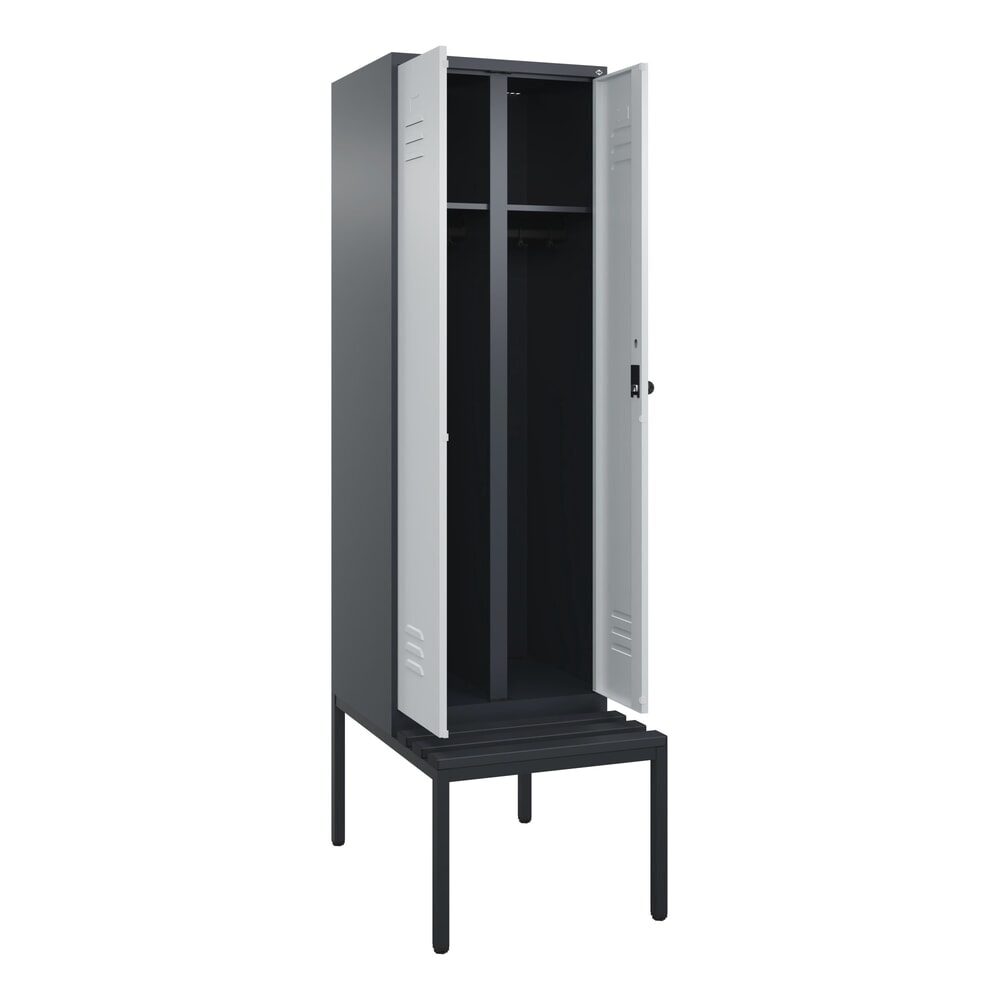 Produktabbildung: C+P Schwarz-Weiß-Spind Classic PLUS, 2 Abteile, HxBxT 2.120 x 600 x 815 mm, für Vorhängeschloss, untergebaute Bank aus Kunststoff, anthrazitgrau, lichtgrau