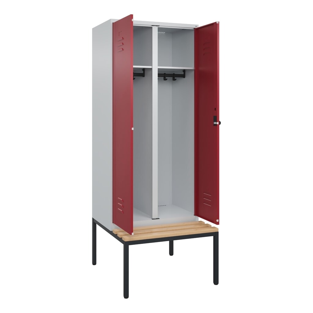 C+P Schwarz-Weiß-Spind Classic PLUS, 2 Abteile, HxBxT 2.120 x 800 x 815 mm, für Vorhängeschloss, untergebaute Bank aus Buche, lichtgrau, rubinrot Produktabbildung: C+P Schwarz-Weiß-Spind Classic PLUS, 2 Abteile, HxBxT 2.120 x 800 x 815 mm, für Vorhängeschloss, untergebaute Bank aus Buche, lichtgrau, rubinrot