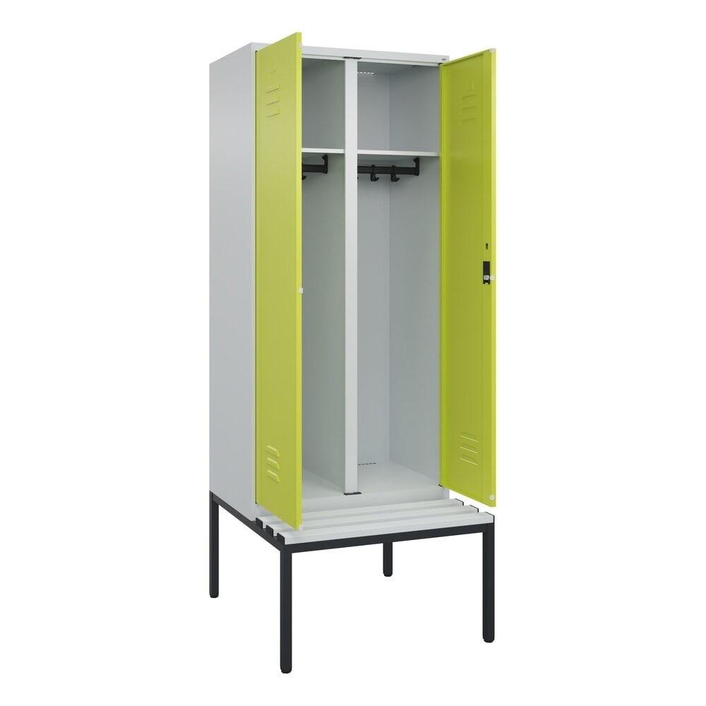 Produktabbildung Nr. 1: C+P Schwarz-Weiß-Spind Classic PLUS, 2 Abteile, HxBxT 2.120 x 800 x 815 mm, Zylinderschloss, untergebaute Bank aus Kunststoff, lichtgrau, clowngrün