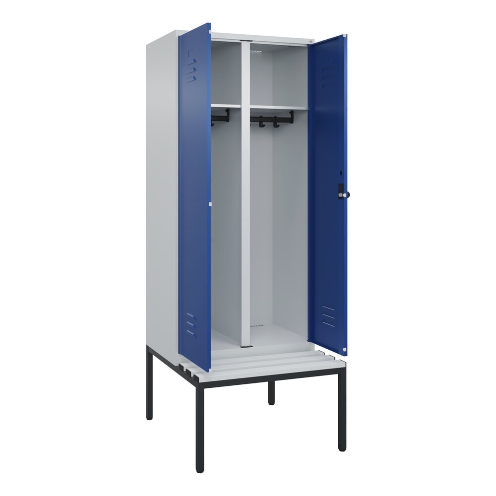 Produktabbildung: C+P Schwarz-Weiß-Spind Classic PLUS, 2 Abteile, HxBxT 2.120 x 800 x 815 mm, für Vorhängeschloss, untergebaute Bank aus Kunststoff, lichtgrau, enzianblau