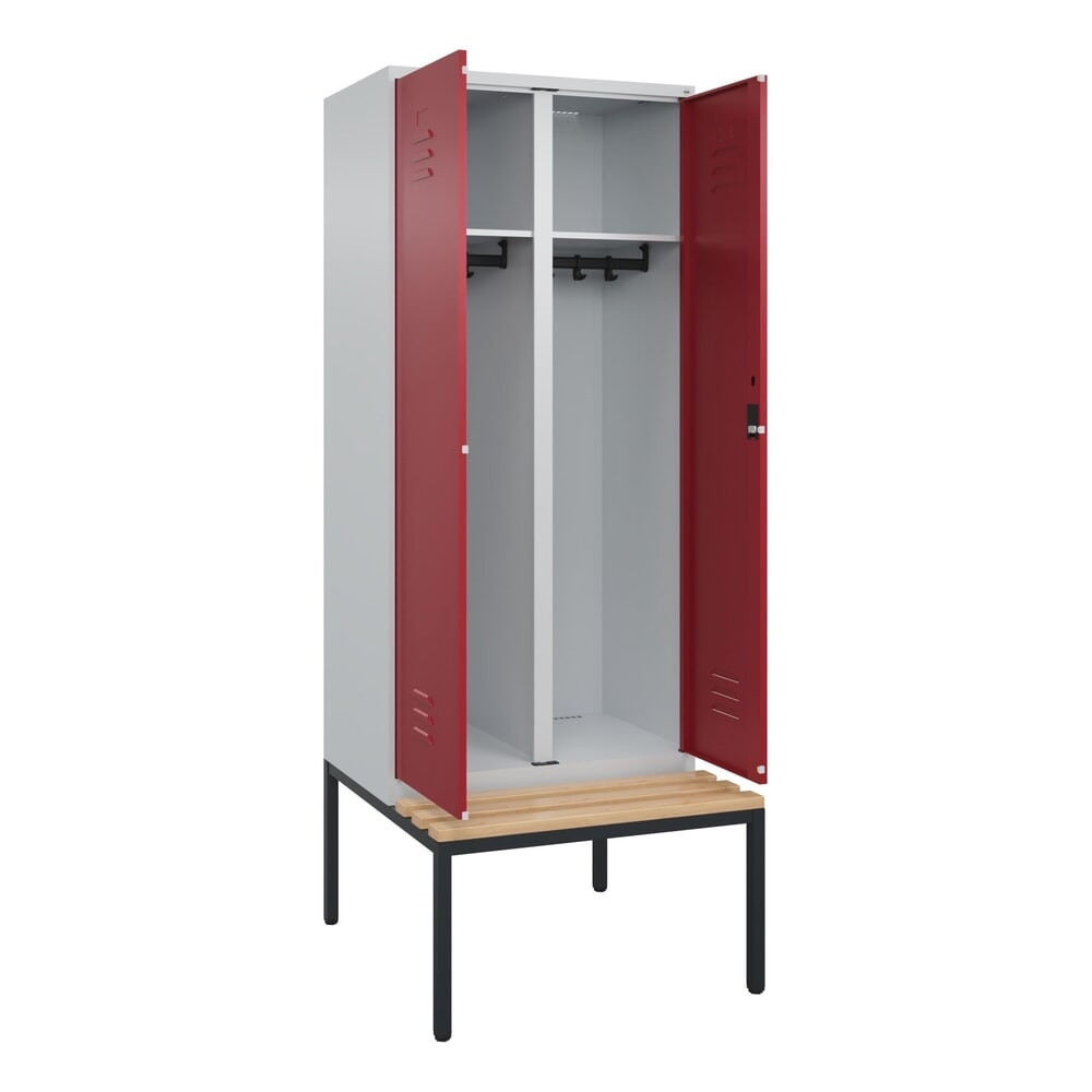 Produktabbildung: C+P Schwarz-Weiß-Spind Classic PLUS, 2 Abteile, HxBxT 2.120 x 800 x 815 mm, Zylinderschloss, untergebaute Bank aus Buche, lichtgrau, rubinrot