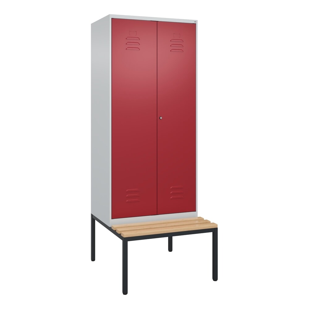 Produktabbildung Nr. 9: C+P Schwarz-Weiß-Spind Classic PLUS, 2 Abteile, HxBxT 2.120 x 800 x 815 mm, Zylinderschloss, untergebaute Bank aus Buche, lichtgrau, rubinrot