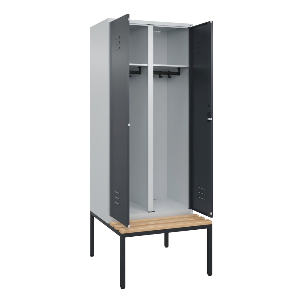 Produktabbildung: C+P Schwarz-Weiß-Spind Classic PLUS, 2 Abteile, HxBxT 2.120 x 800 x 815 mm, Zylinderschloss, untergebaute Bank aus Buche, lichtgrau, anthrazitgrau