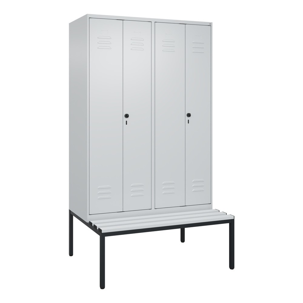 Produktabbildung: C+P Schwarz-Weiß-Spind Classic PLUS, 4 Abteile, HxBxT 2.120 x 1.200 x 815 mm, für Vorhängeschloss, untergebaute Bank aus Kunststoff, lichtgrau, lichtgrau