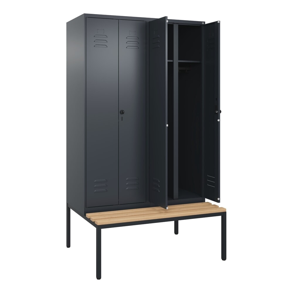 Produktabbildung: C+P Schwarz-Weiß-Spind Classic PLUS, 4 Abteile, HxBxT 2.120 x 1.200 x 815 mm, für Vorhängeschloss, untergebaute Bank aus Buche, anthrazitgrau, anthrazitgrau