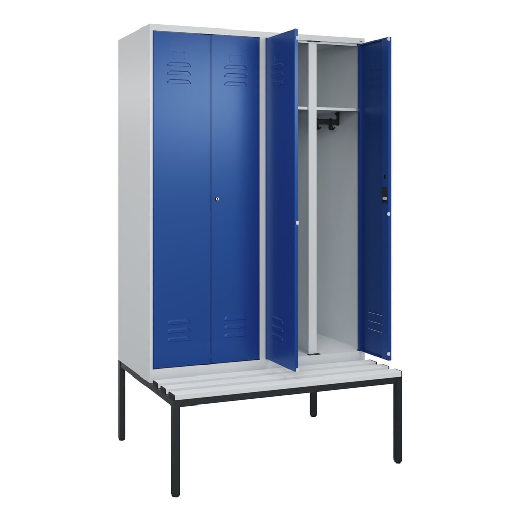 C+P Schwarz-Weiß-Spind Classic PLUS, 4 Abteile, HxBxT 2.120 x 1.200 x 815 mm, Zylinderschloss, untergebaute Bank aus Kunststoff, lichtgrau, enzianblau Produktabbildung: C+P Schwarz-Weiß-Spind Classic PLUS, 4 Abteile, HxBxT 2.120 x 1.200 x 815 mm, Zylinderschloss, untergebaute Bank aus Kunststoff, lichtgrau, enzianblau