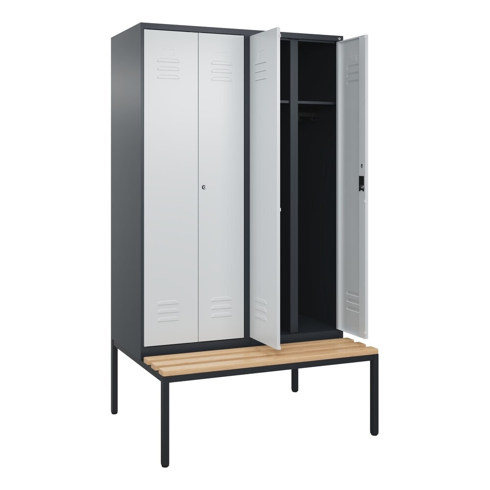 Produktabbildung: C+P Schwarz-Weiß-Spind Classic PLUS, 4 Abteile, HxBxT 2.120 x 1.200 x 815 mm, Zylinderschloss, untergebaute Bank aus Buche, anthrazitgrau, lichtgrau