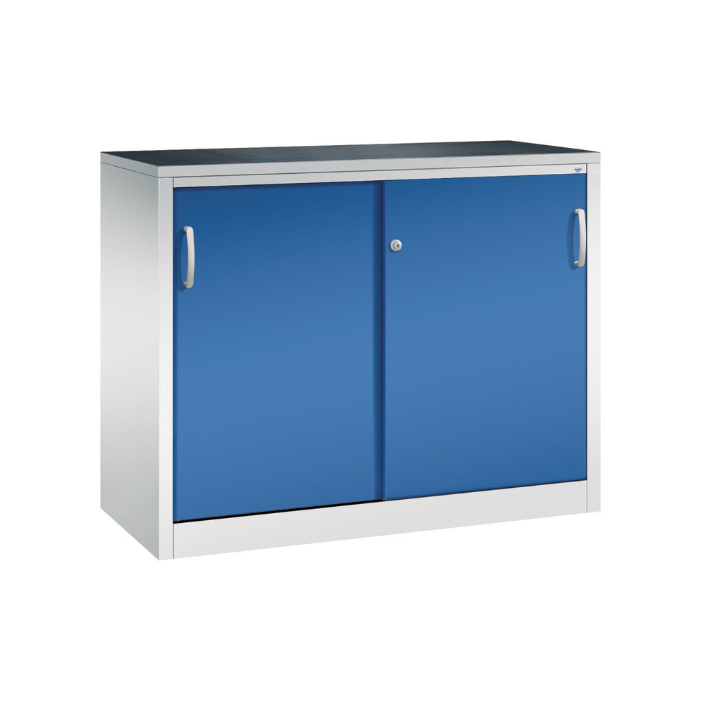 Produktabbildung: C+P Schwerlast-Schiebetürenschrank, HxBxT 1.000 x 1.200 x 500 mm, 1 Fachboden, lichtgrau, enzianblau