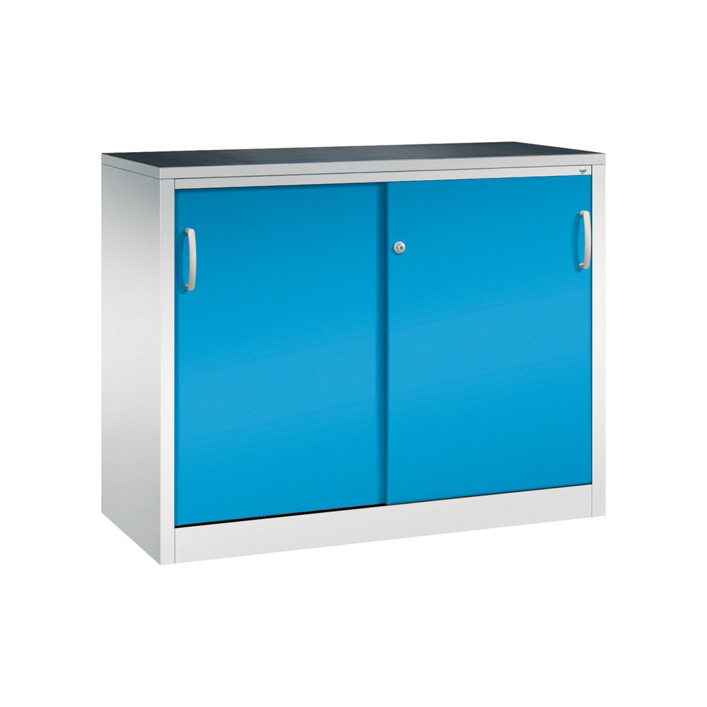 Produktabbildung: C+P Schwerlast-Schiebetürenschrank, HxBxT 1.000 x 1.200 x 500 mm, 1 Fachboden, lichtgrau, lichtblau