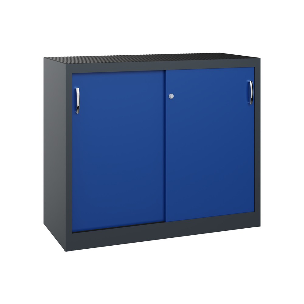 Produktabbildung: C+P Schwerlast-Schiebetürenschrank, HxBxT 1.000 x 1.200 x 500 mm, 1 Fachboden, anthrazitgrau, enzianblau