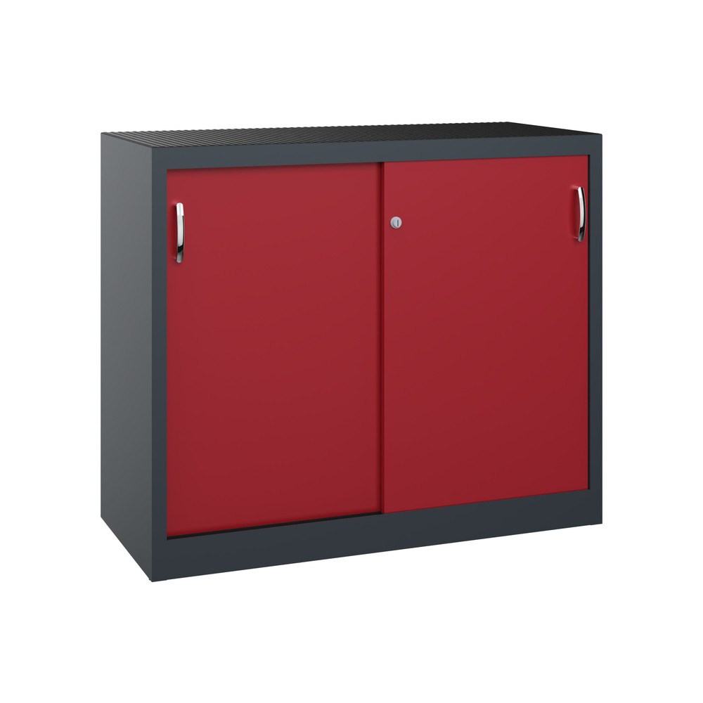 Produktabbildung: C+P Schwerlast-Schiebetürenschrank, HxBxT 1.000 x 1.200 x 500 mm, 1 Fachboden, anthrazitgrau, rubinrot