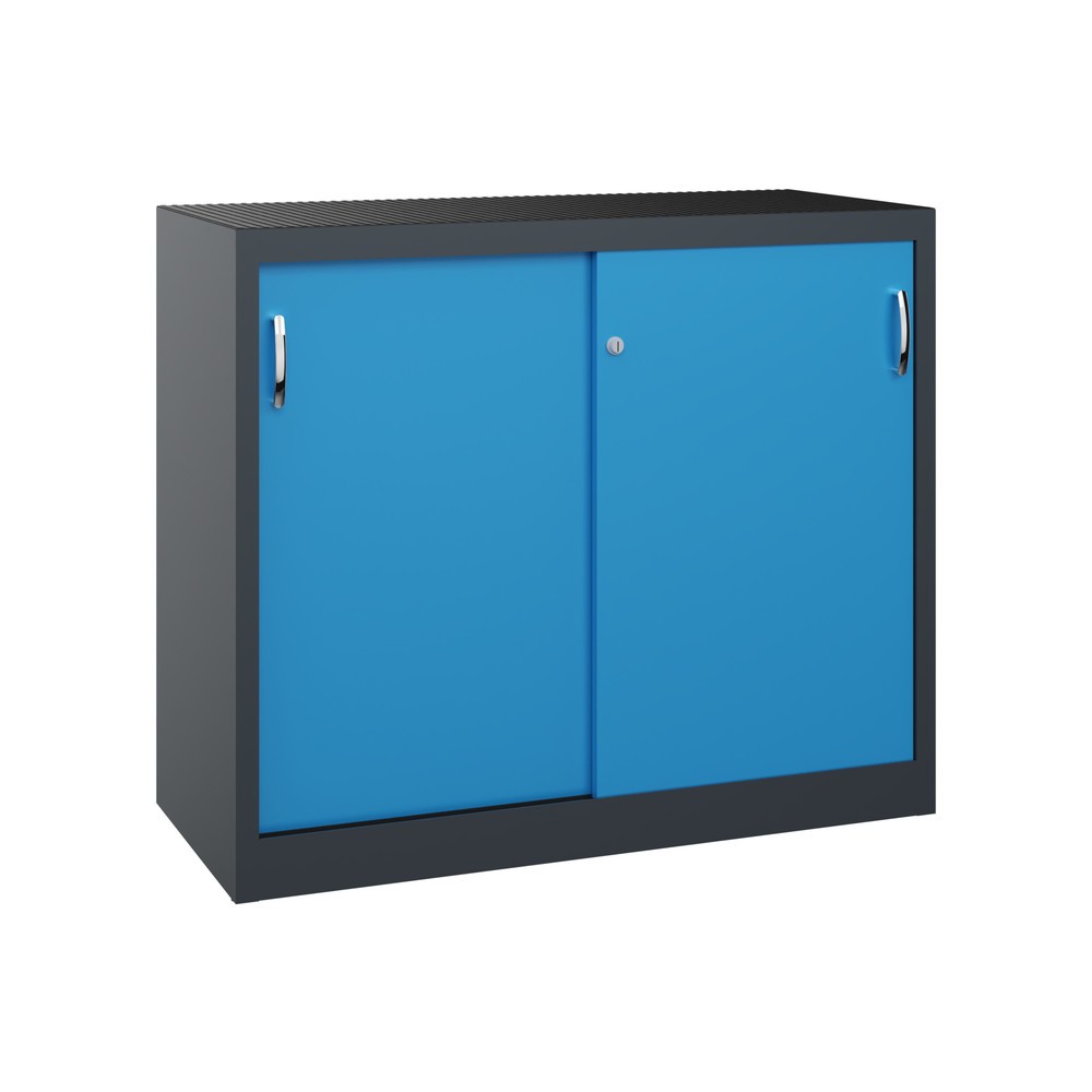 Produktabbildung: C+P Schwerlast-Schiebetürenschrank, HxBxT 1.000 x 1.200 x 500 mm, 1 Fachboden, anthrazitgrau, lichtblau