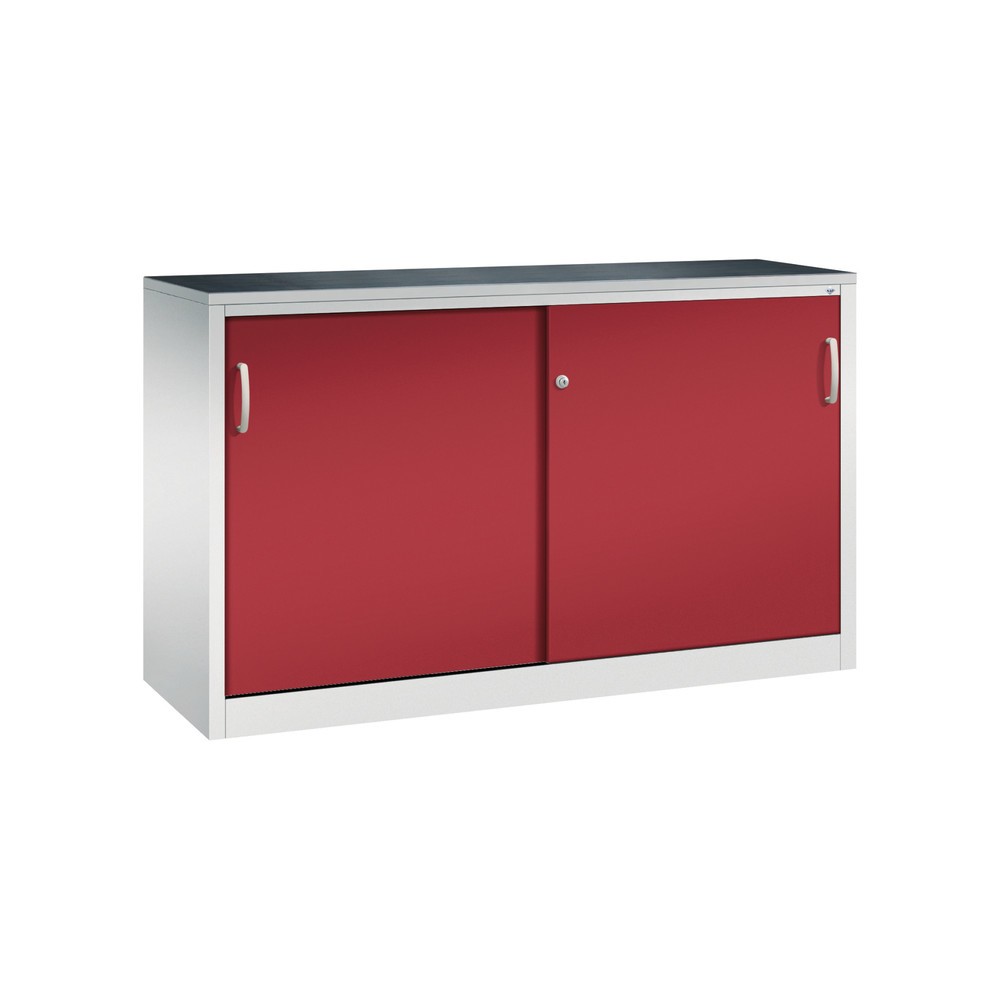 Produktabbildung: C+P Schwerlast-Schiebetürenschrank, HxBxT 1.000 x 1.600 x 500 mm, 2 Fachböden, lichtgrau, rubinrot