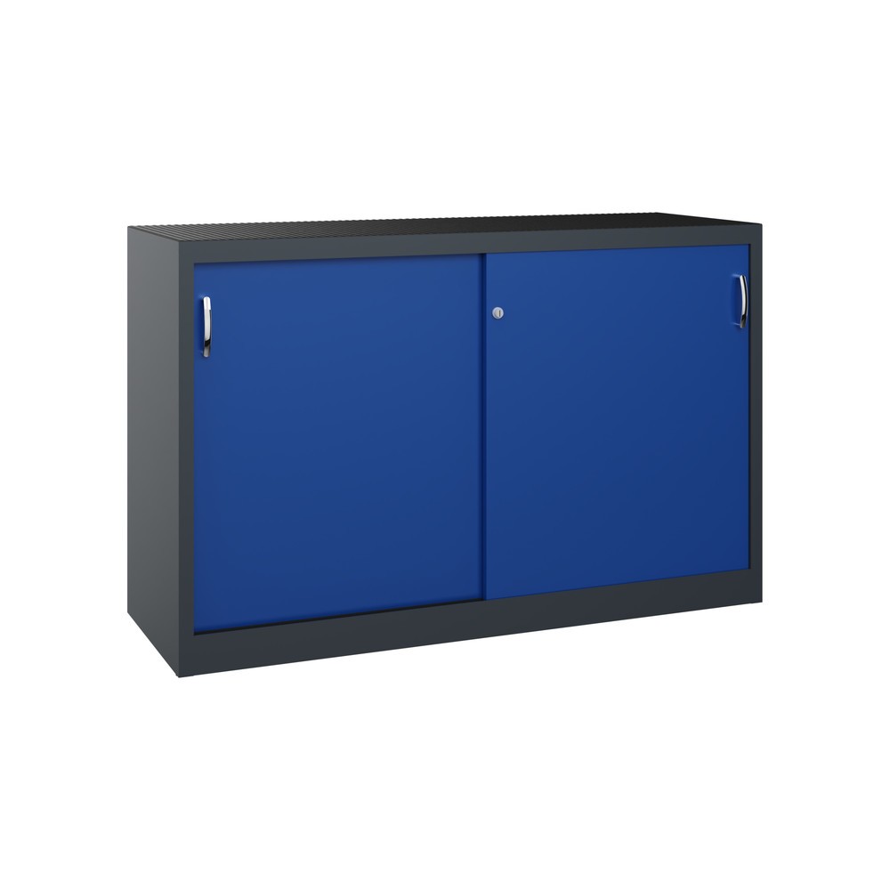 Produktabbildung: C+P Schwerlast-Schiebetürenschrank, HxBxT 1.000 x 1.600 x 500 mm, 2 Fachböden, anthrazitgrau, enzianblau